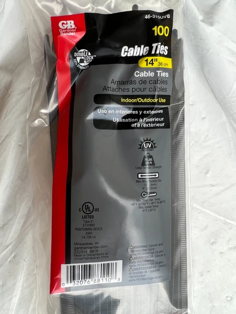 NEW - Gardner Bender 46-315UVB - 14" Black Cable Tie  75lb -Pkg of 100-FREE SHIP