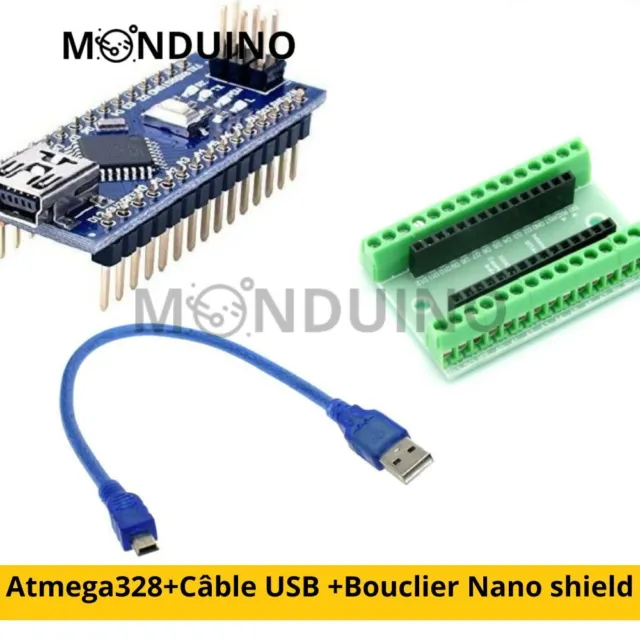 Lot de Carte Nano Arduino Atmega328 compatible+ Câble USB + Bouclier Nano shield