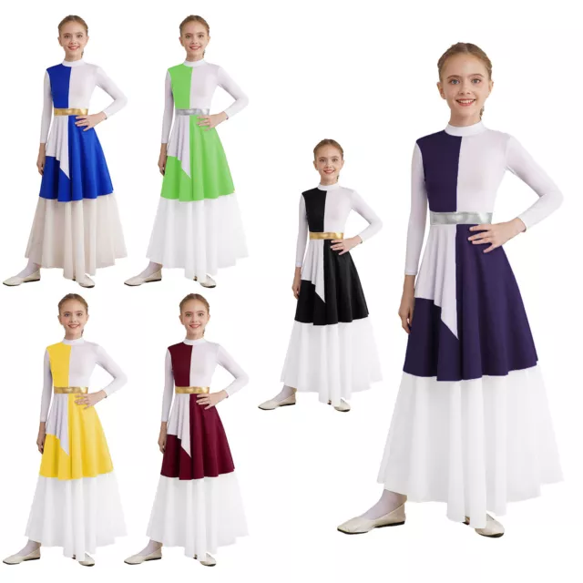 Kids Girls Costume Worship Dancewear Long Sleeve Dress Gown Mock Neck Dance