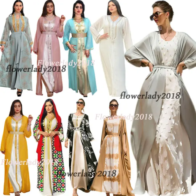 2pcs Muslim Women Open Abaya Kaftan Cardigan Maxi Dress Dubai Caftan Robe Gown