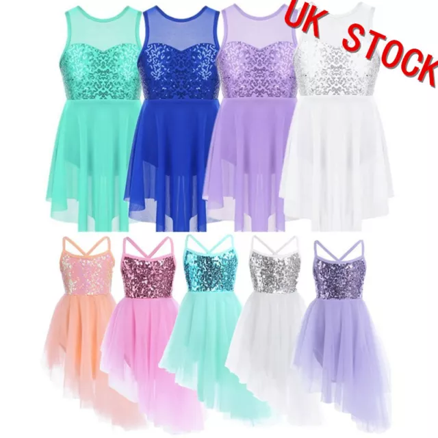 UK Kids Girls Tutu Dress Sequin Lyrical Ballet Dress Dance Ice Skating Dancewear