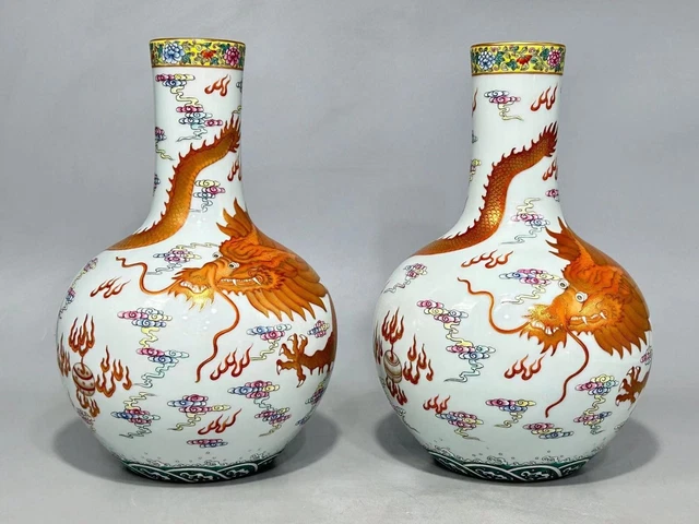 A Pair Estate China Qing Freehand Sketching Famille Rose Porcelain Dragon Vase 2