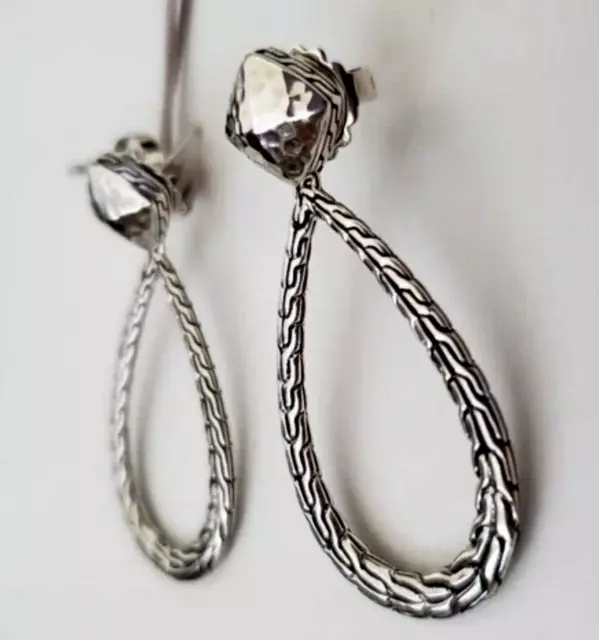 $450 John Hardy Classic Chain Sterling Silver Hammered Pear Drop Earrings