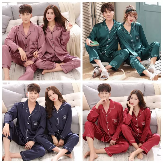 Couple Men Women Long Sleeve Pyjamas Sleepwear Nightwear Silk Satin Pajamas Sets