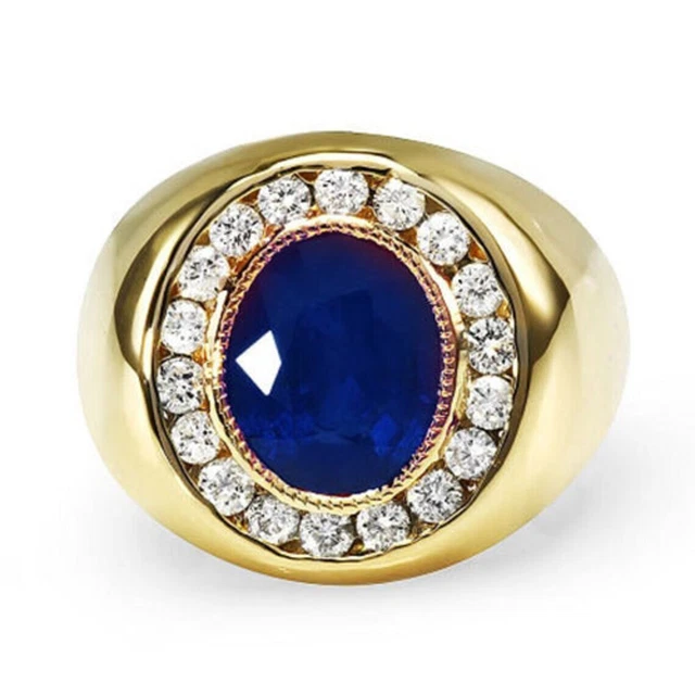 2ctw Oval Cut Natural Blue Sapphire & Diamond Men's Ring Solid 10k Yellow Gold