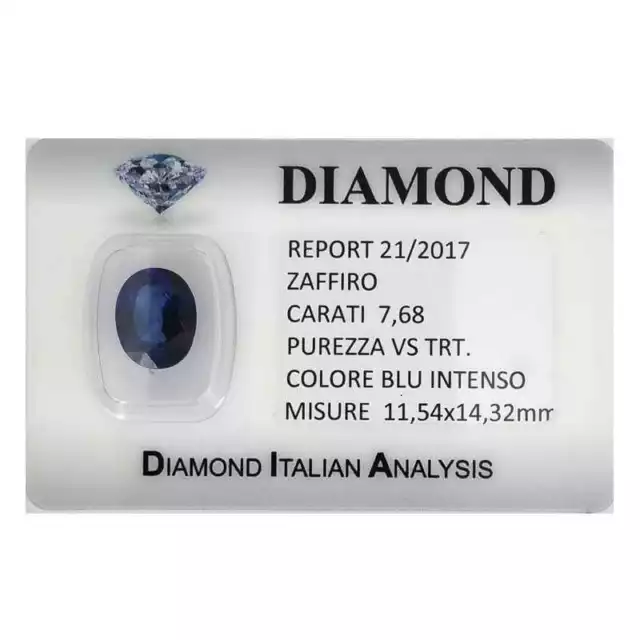 ZAFFIRO BLU CERTIFICATO 7.68 CARATI PUREZZA VS TRT in BLISTER