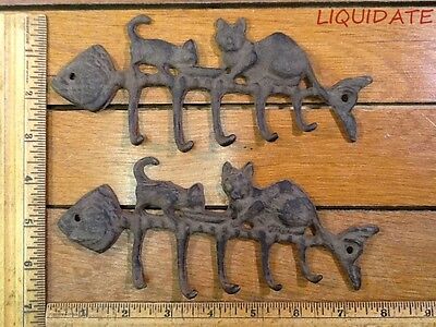 2 CAT FISH BONE key belt lesh HOOKS rustic cast iron antique vintage style