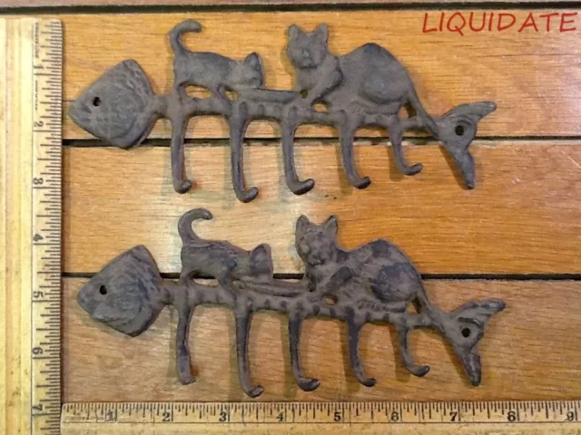 set of 2 CAT kitten Kitty FISH BONE key belt leash HOOKS rustic cast iron