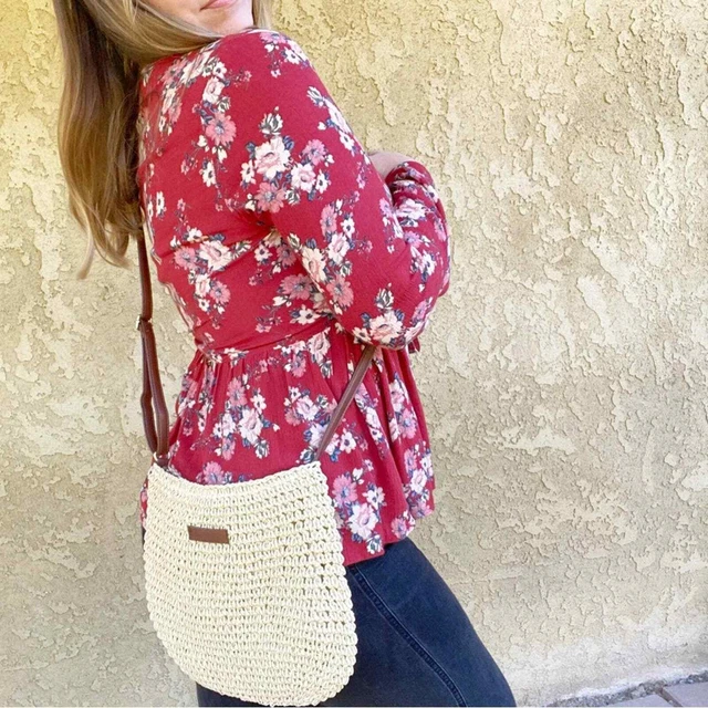 Boho raffia woven knit minimalist coastal neutral festival crossbody purse bag