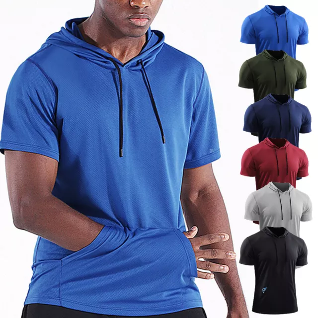 Summer Mens Short Sleeve Hooded Sport T Shirt Sportswear Tops Hoodie Fitness #