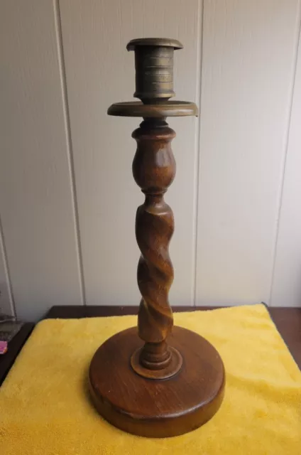 One Antique English Oak & Brass Barley Twist Candlestick Small Dents In Metal