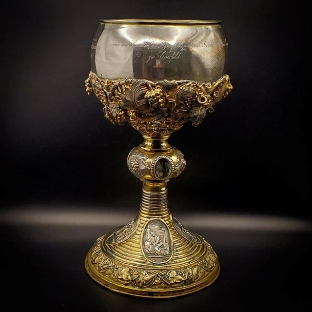 HUGE 12" Antique German Silver Plated Goblet 1859 J Vagedes Lawyer Grapes Trades