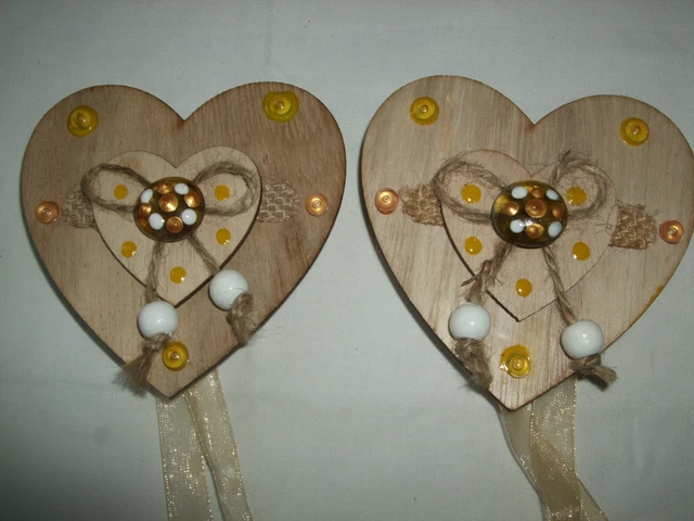 02 Coppia Fermatenda Calamita Magnetico Cuore Legno Vetro Dipinto Mano 10X10
