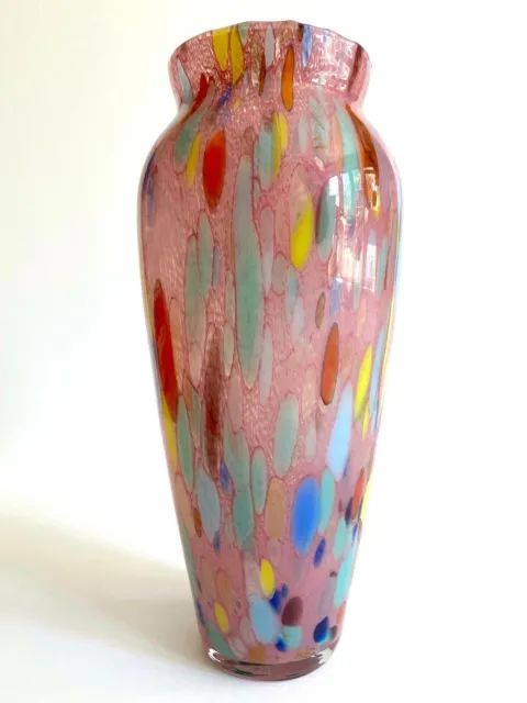 Vtg 1980'S Post Modern Abstract Hand Blown Art Glass Multicolor Tall Flower Vase
