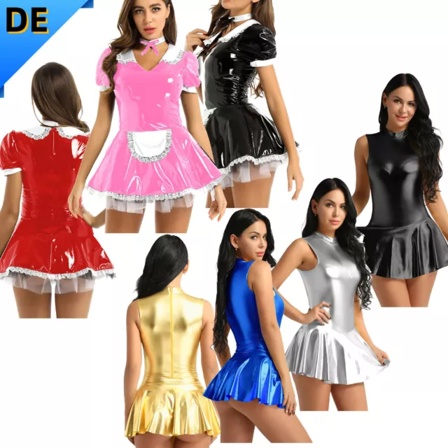 DE* Damen Wet Look PVC Leder Kostüm Outfits Minikleid Schürze Minikleid Dessous