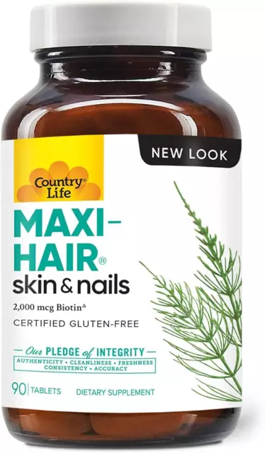 Country Life Maxi-Hair 90 Tabletas, Cuidado de Piel, Fuerte Uñas, Biotina,