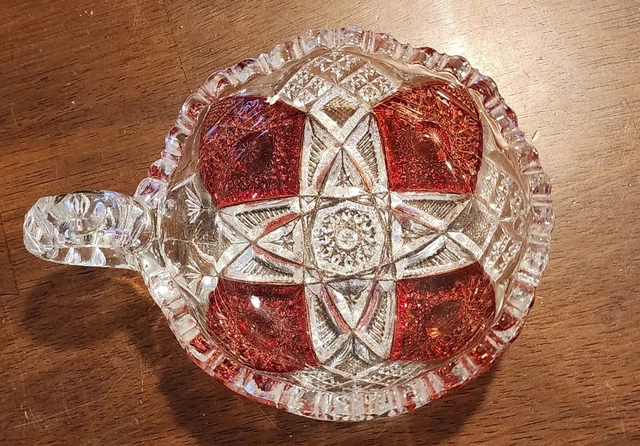 Vtg Brilliant Cut Glass Hobstar Red Stained 5 1/8" Nappy