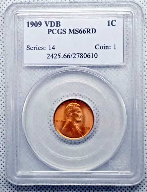 1909 VDB Lincoln Cent 1c, PCGS MS-66 RD, RED, M66, LINCOLN WHEAT CENT, MINT