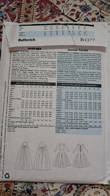BUTTERICK B4377 MEDIEVAL long dress cloak costume sewing pattern 6-12 ...