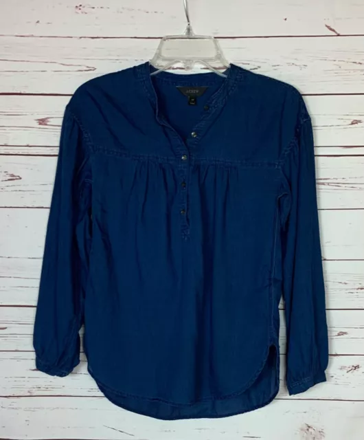 J.Crew Women's Size 00 Blue Cotton Button Cute Popover Top Shirt Blouse