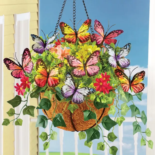 LED Solar Lighted Butterflies Hanging Basket Spring Flowers Patio Garden Decor