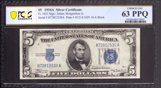 1934 A $5 Silver Certificate Note Fr 1651 Ha Block Pcgs B Choice Unc 63 Ppq