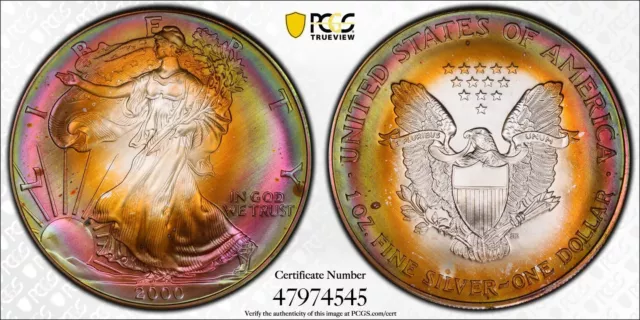 2000 MS69 American Silver Eagle PCI Rainbow Toned PCGS +Video