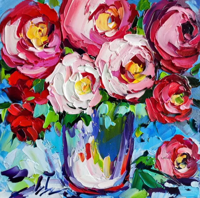 original oil painting Red Rose Peony flowers artwork Floral still life wall art