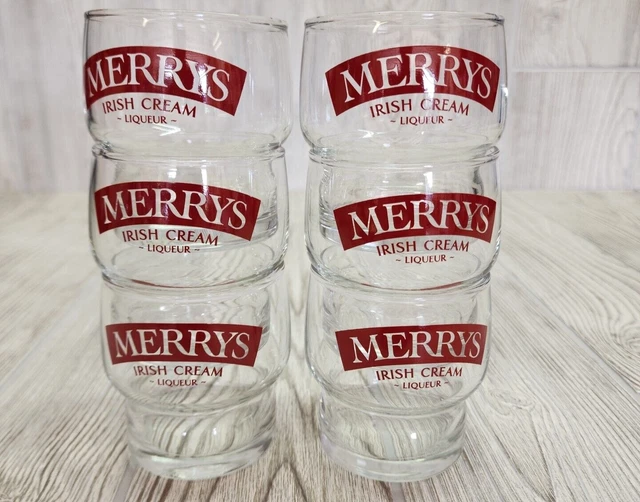Merrys Irish Cream Liqueur 3" Clear Glasses with Red logo 6 oz.