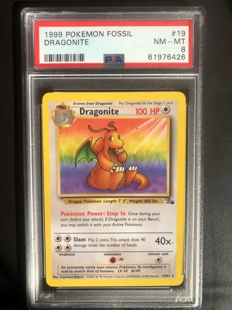 Pokemon 1999 WOTC Fossil Unlimited Dragonite 19/62 Non Holo Rare PSA 8 NM-MT