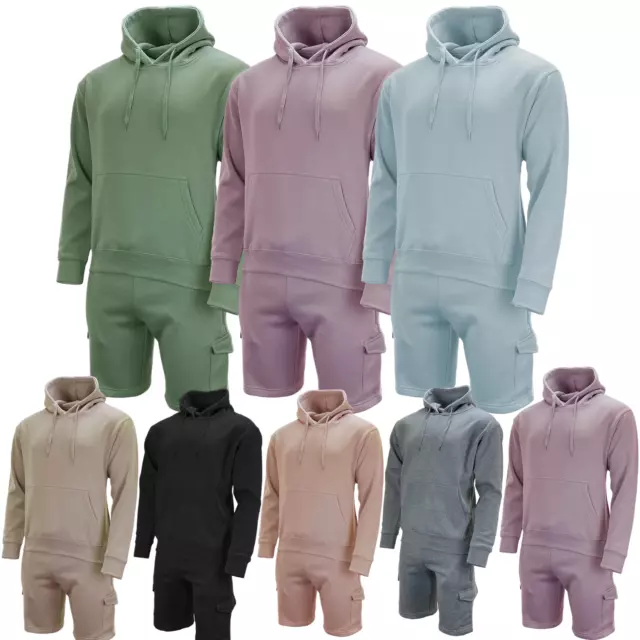 Mens Plain Tracksuit Set Casual Sports Cargo Shorts with Matching Pulover Hoodie