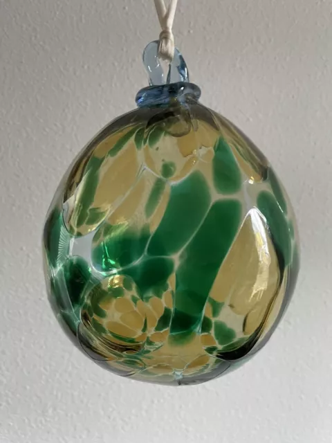 Exquisite Blown Art Glass Green/Clear Hanging Orb Ball Ornament HUGE One of kind