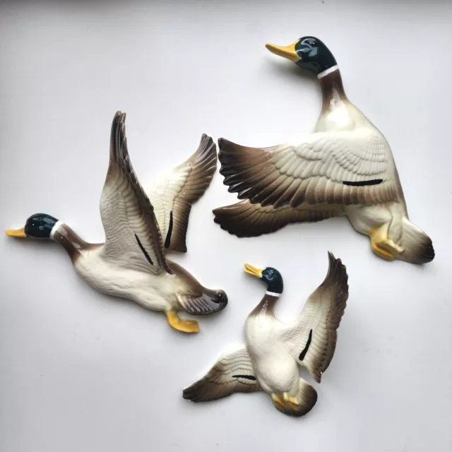 Set Of 3 Large Flying Wall Ducks Birds Retro Vintage Ceramic ATLANTIC MOLD USA