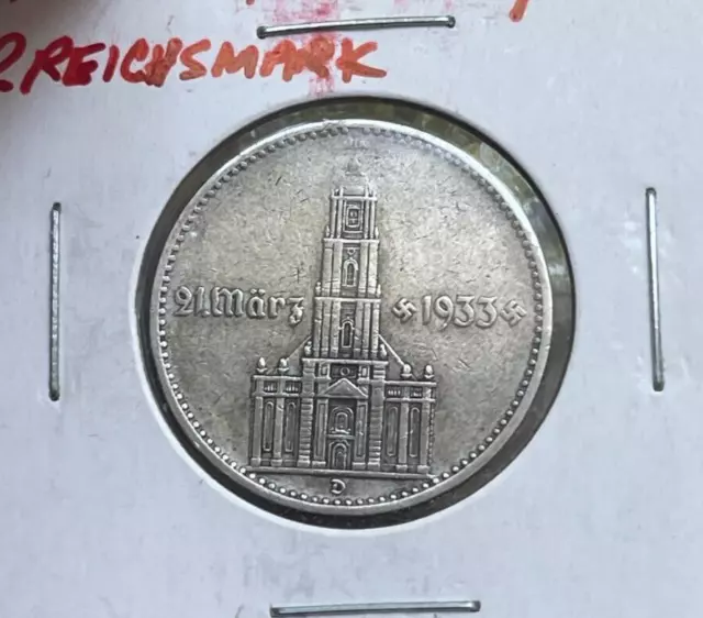 1934 D Germany 2 Reichsmark - Potsdam Garrison Church  bg