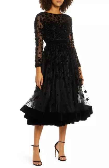 Mac Duggal Black Fit & Flare Velvet Embellished Cocktail  Dress Size 4 $498