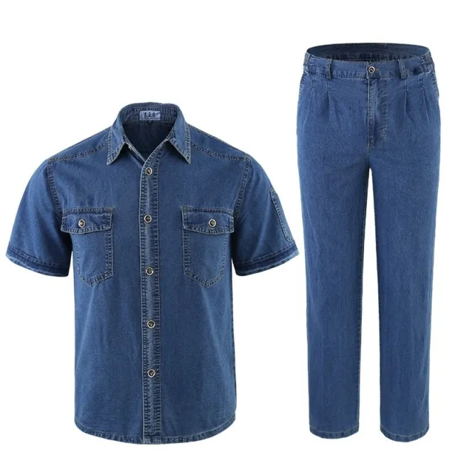 Men Denim Short Sleeve Shirt + Jeans Pant Set Western Style Trucker Workwear