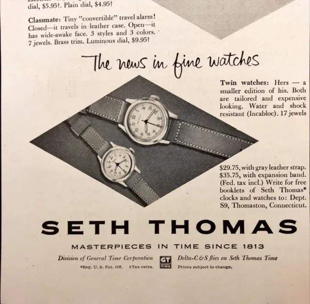 1955 Seth Thomas Fine Watches Print Ad Decorative Small Alarm Clocks