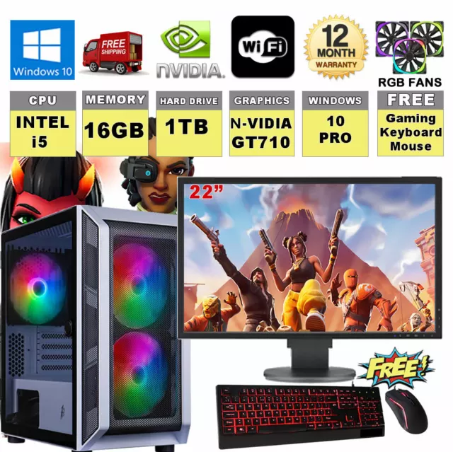 Fast Gaming PC Computer Bundle Intel Quad Core i5 16GB 1TB Windows 10 2GB GT710