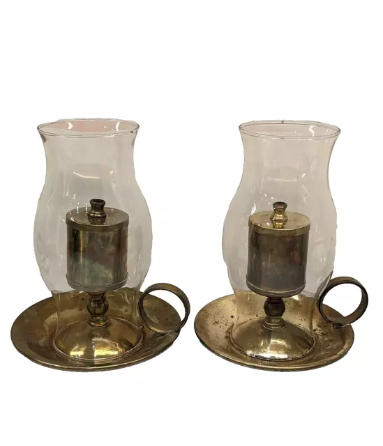 Vintage Pair of Brass Table Oil Lamps with Clear Globes