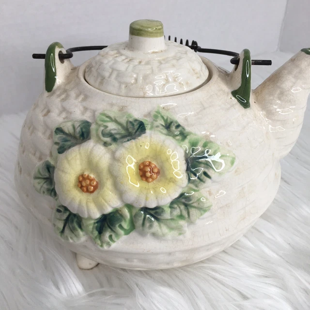 Antique MAJOLICA Art Pottery Flower KETTLE Metal Handle Japan 3