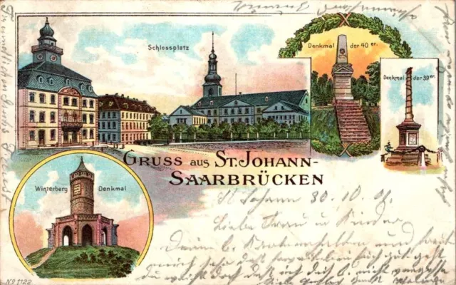 Litho Gruss Aus St. Johann Saarbrücken Schlossplatz 3 Bild Col. 1901 Saarland