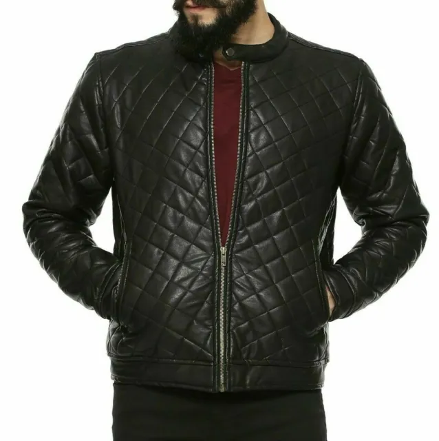 Mens Genuine Leather Jacket Custom Made Lambskin Casual Diamond Quilted Biker JK