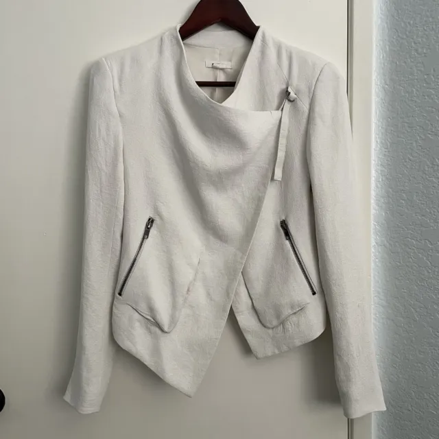 Helmut Lang White Asymmetrical Cropped Moto Blazer Jacket Size 4 Leather Detail