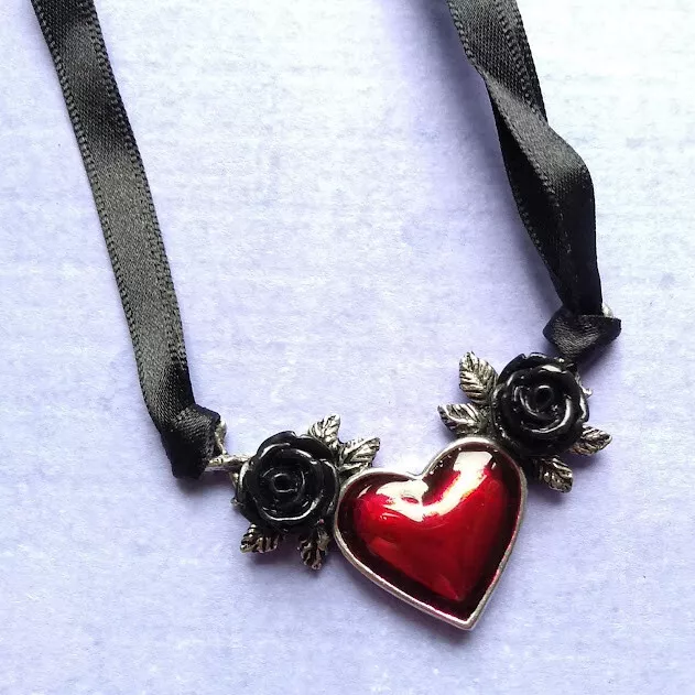 Alchemy Gothic Pewter Red Blood Heart Black Rose Choker Necklace UK Made P746