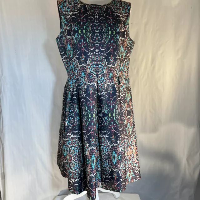 Liz Claiborne Blue & Green Geometric Print Sleeveless  Fit & Flare Dress 14