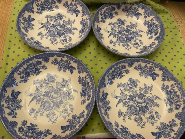 Royal Stafford Asiatic Pheasant Blue On Cream 9" Pasta Bowl Set of Four New