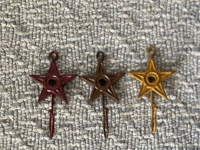 Cast Iron Metal Brown/Red/Gold Star Hat Robe Small Hooks 4" x 2" Lot of 3