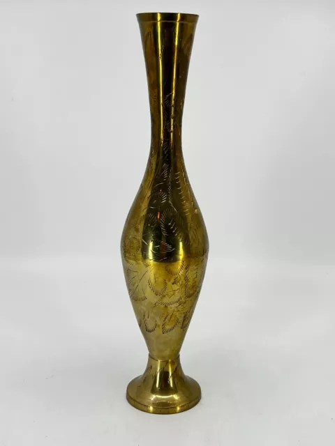 Vintage Solid Brass Floral Etched Engraved Vase Planter 10"H