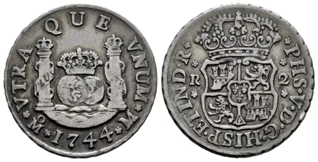 1744 Mexico City 2 Reales Philip V Pillar Silver
