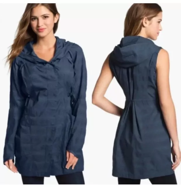 Nau Women's Size L Convertible Rain Trench Coat in Navy, Sleeves Snap Off